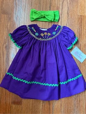 NEW Rosalina Hand Smocked Bishop Dress-RicRack Trim 9M + Baby Bling Headband